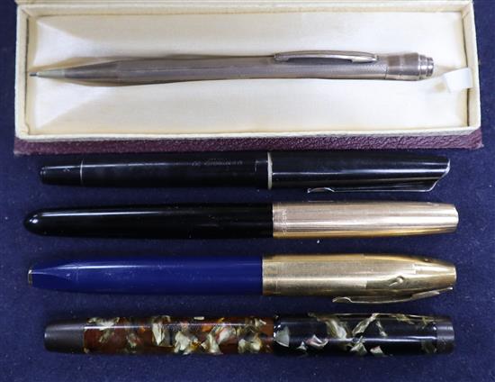 Five assorted pens including Parker